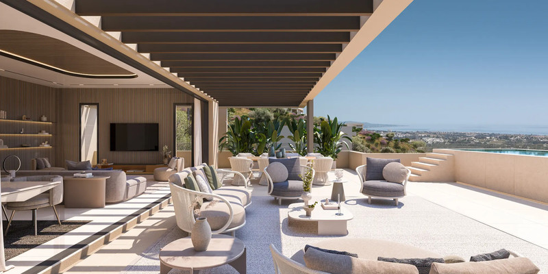 Finca de Jasmine Sky Villas – Benahavís - spacious terrace with outdoor lounge seating, pergola and panoramic coastal views