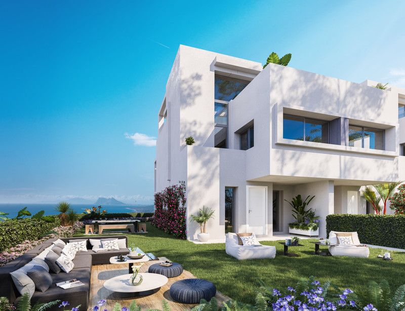 Golden View II – Manilva - modern white two-storey villa exterior with landscaped garden, outdoor lounge terrace and sea views
