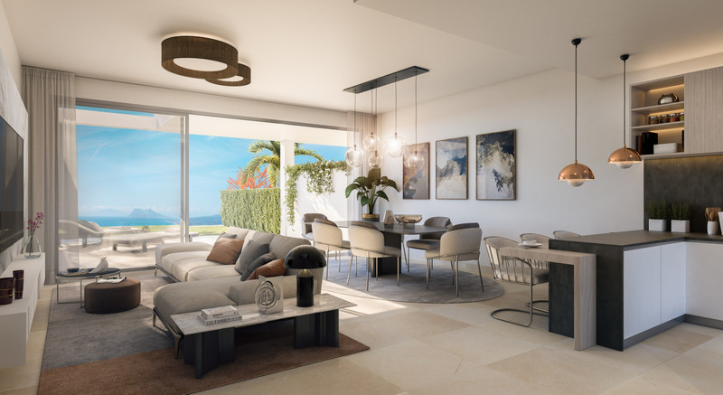 Golden View II – Manilva - open-plan living and dining area with panoramic sea views and terrace access