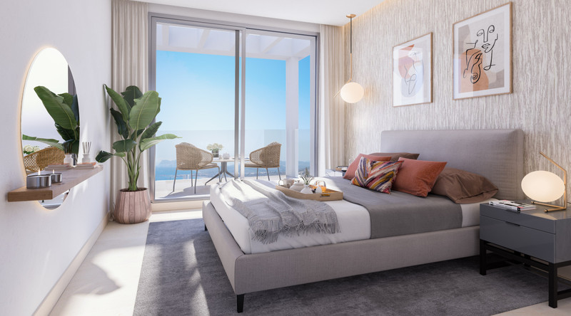 Golden View II – Manilva - bright master bedroom with sea views, terrace access and warm neutral decor
