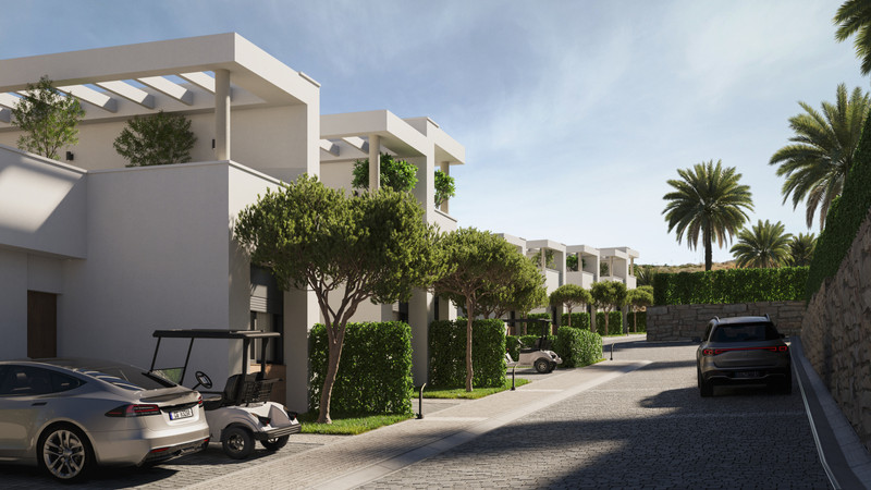 Green Valley – Cerros del Aguila - eksteriør gateutsikt over hvite moderne villaer med velstelte hekker, palmetrær og golfbiler