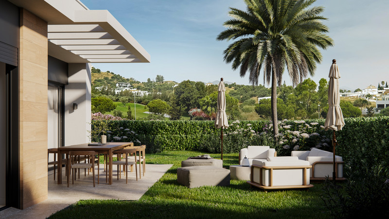 Green Valley – Cerros del Aguila - landskapshage terrasse med utendørs spiseplass og loungeområde med utsikt over golfbane og åser