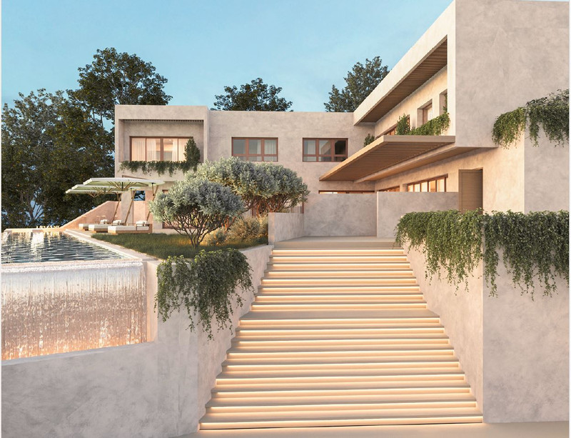 HL SG122 – Alhaurín el Grande - terraced exterior with illuminated staircase, infinity pool waterfall, and landscaped gardens