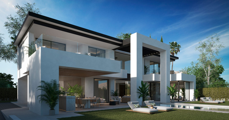 Imagine – Bel Air - moderne hvit villa med basseng, hage og overdekket terrasse i Bel Air, Málaga