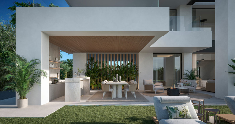 Imagine – Bel Air - overdekket spiseterrasse med sommerkjøkken, frodige tropiske planter og moderne hvit arkitektur