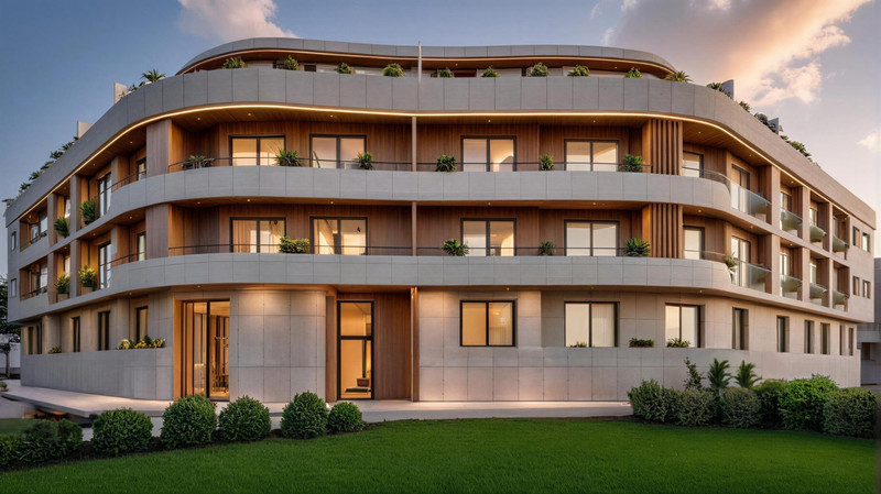 LANTANA Residencial Boutique – Las Lagunas - buet moderne fasade med balkonger og frodig hage i skumringen