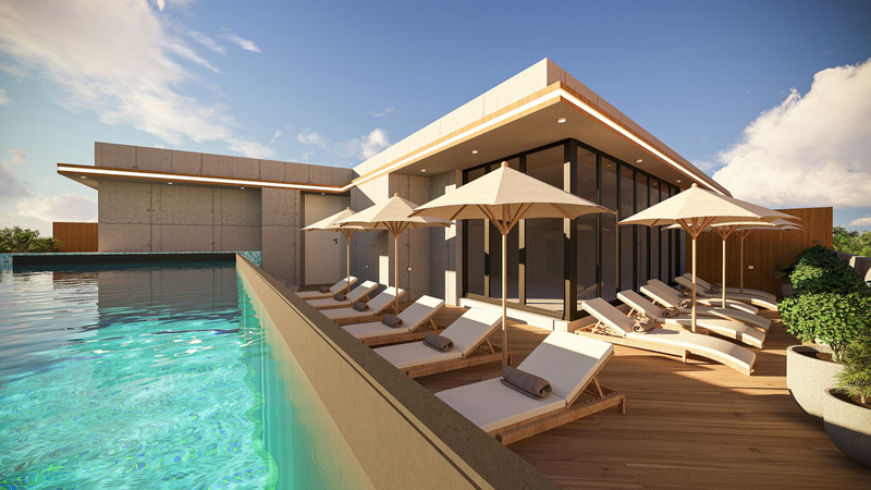 LANTANA Residencial Boutique – Las Lagunas - luksuriøs infinitybasseng med solsenger og parasoll på tredekk ved moderne villa