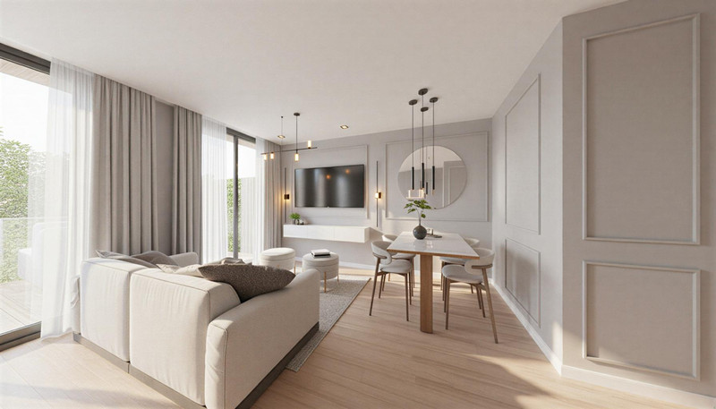 LANTANA Residencial Boutique – Las Lagunas - lyst åpent stue- og spisemiljø med lyse tregulv og nøytrale toner