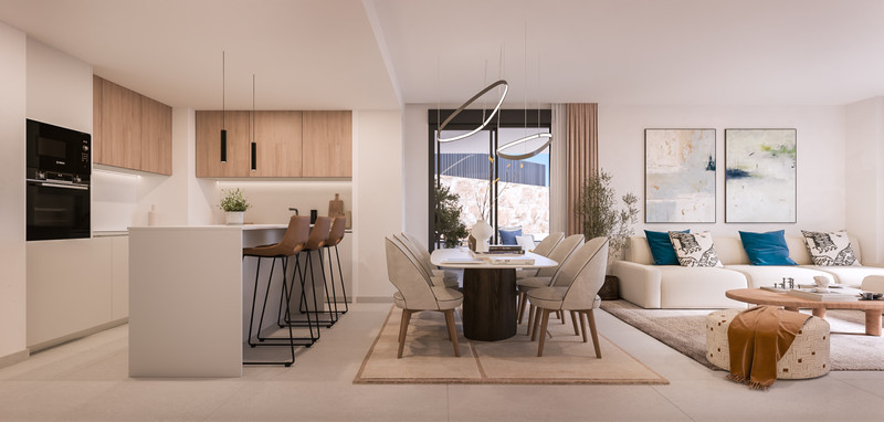 Medblue IV – Altos de los Monteros - open-plan kitchen, dining and living area with modern finishes and neutral tones