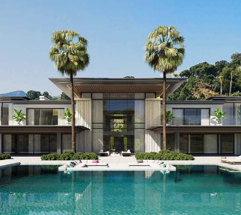 Villa Solis – Benahavís - luxury modern villa exterior with infinity pool and twin palm trees