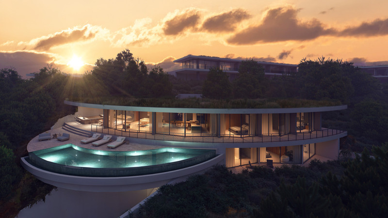Villa I3 – Vitae Villas – Benahavís - aerial exterior at sunset with curved infinity pool and glass facade