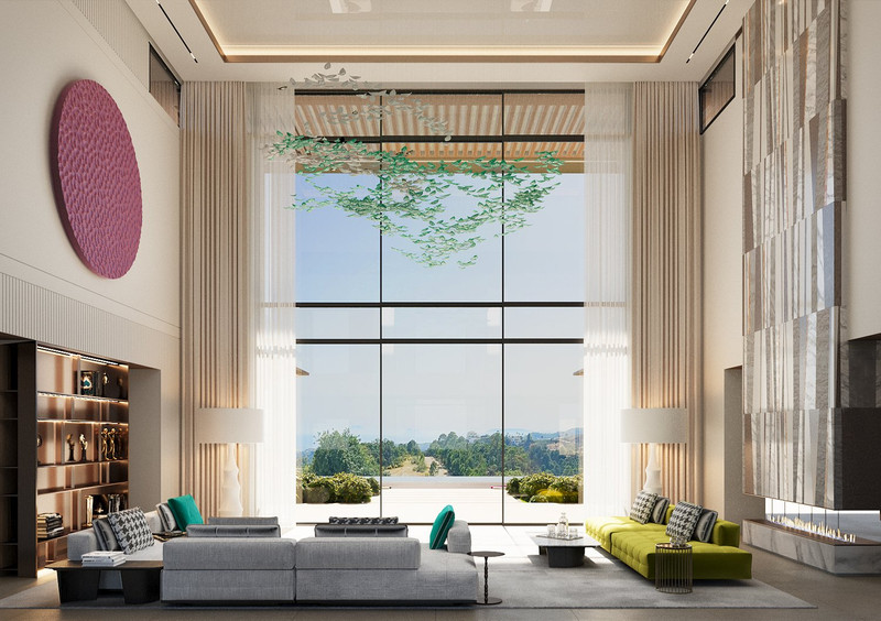 Villa Solis – Benahavís - grand double-height living room with floor-to-ceiling windows and panoramic landscape views