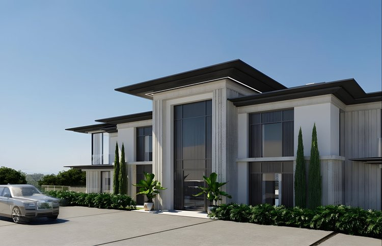 Villa Solis – Benahavís - luxury new-build exterior facade with contemporary architecture, cypress trees and Rolls-Royce parked on driveway