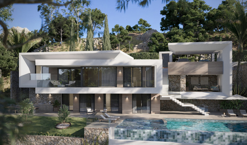 VILLA EVANIA Los Flamingos – Benahavís - modern luxury villa exterior with infinity pool, stone facades and terraced gardens