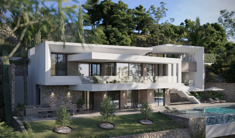 VILLA EVANIA Cortesín – Casares - modern white luxury villa exterior with pool, terraces, and lush hillside gardens