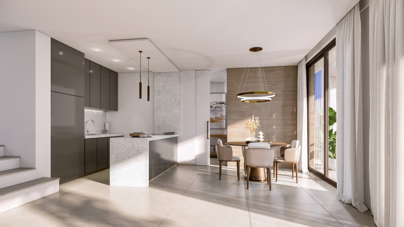 VILLA EVANIA Selwo – Estepona - open-plan kitchen and dining area with marble island, pendant lighting and terrace access