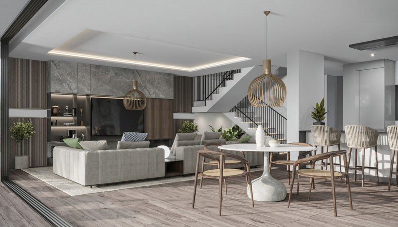 VILLA AZAHAR Real – La Quinta - open-plan living and dining area with pendant lights and staircase