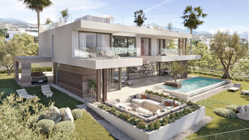 VILLA AZAHAR Real – La Quinta - modern luxury villa exterior with pool, sunken lounge, lush gardens and mountain views