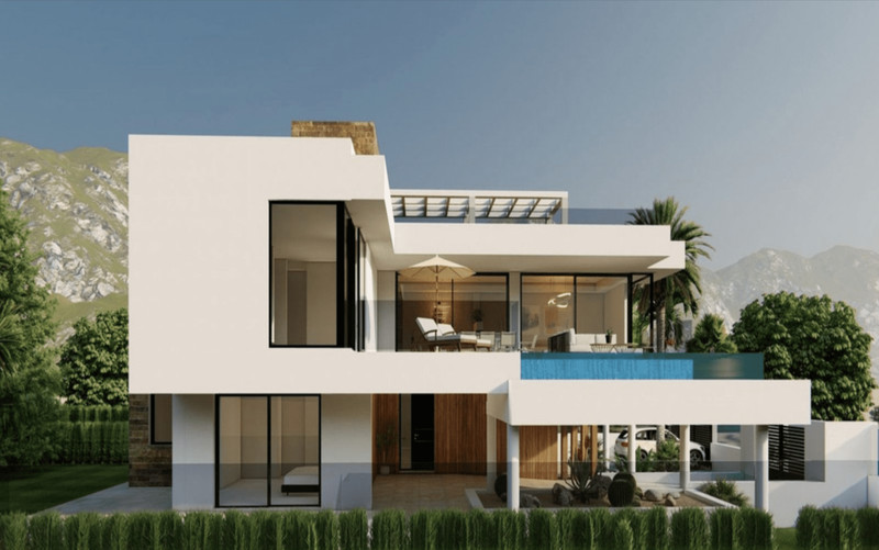 Villa 001 Marbesa – Marbella - modern white exterior facade with rooftop terrace, infinity pool, and mountain backdrop