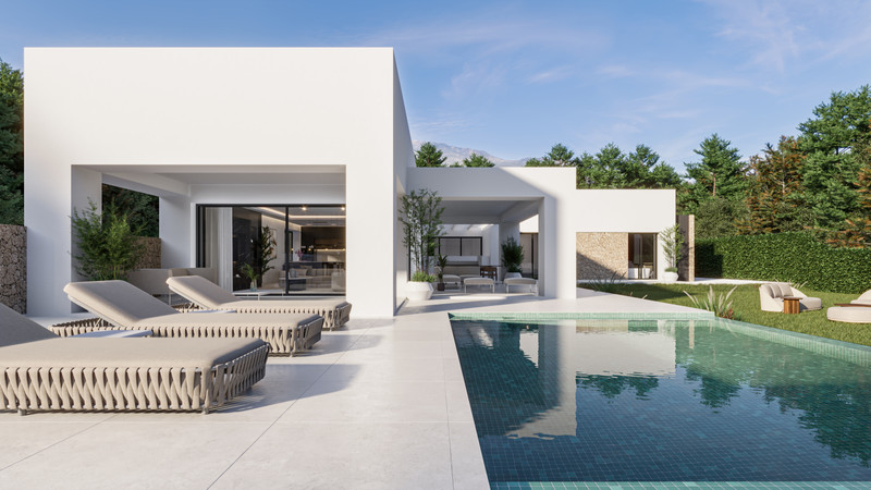 Villa Carolina – New Golden Mile - modern white villa exterior with infinity pool, sun loungers, and lush garden terrace