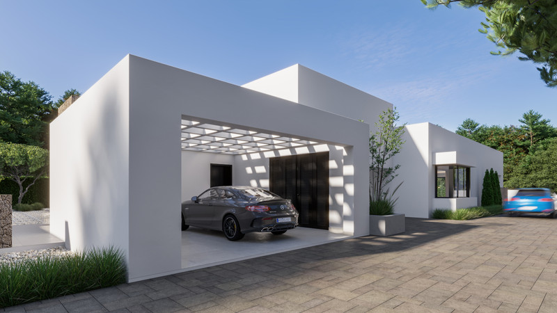 Villa Carolina – New Golden Mile - modern white exterior facade with carport and dark garage door