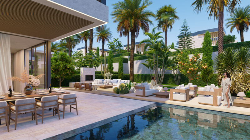 Ocean 11 – Bel Air - luxury outdoor terrace with pool, lounge seating, dining area and tropical garden