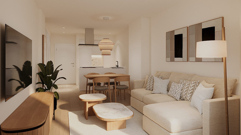 Paraiso Beach – Apartments – La Línea - bright open-plan living and dining area with beige sofa, marble coffee tables and pendant lighting