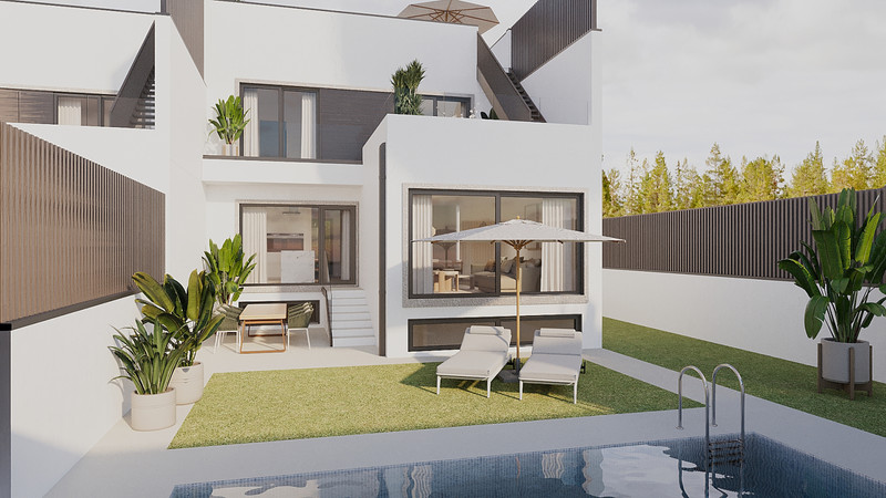 Paraiso Beach – Townhouses – La Línea - exterior view with private pool, sun loungers, garden, and modern white facade