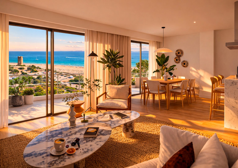 Paraiso Beach – Townhouses – La Línea - open-plan living and dining room with panoramic sea views over the beach and coastline