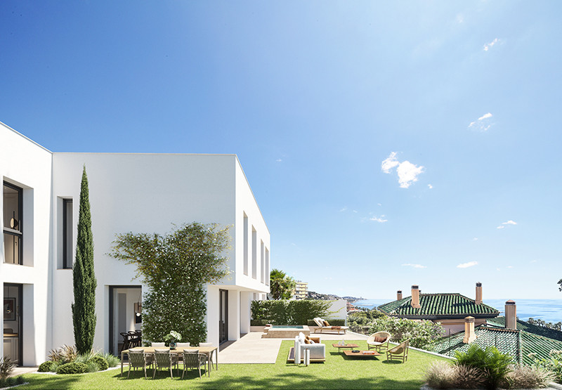 Ramal de Monte Sancha 8 – Townhouses – Málaga Este - modern white exterior with garden terrace, outdoor seating and sea views