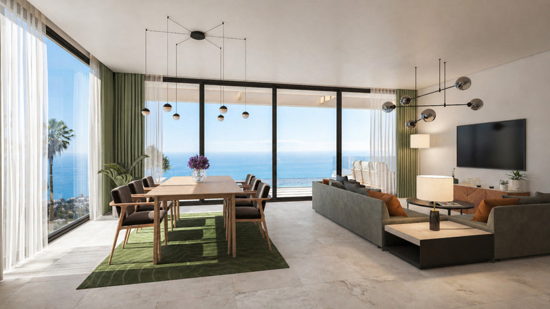 Stupa – Villa Jokang – Torremuelle - åpen stue og spisestue med panoramautsikt over havet og gulv-til-tak-vinduer