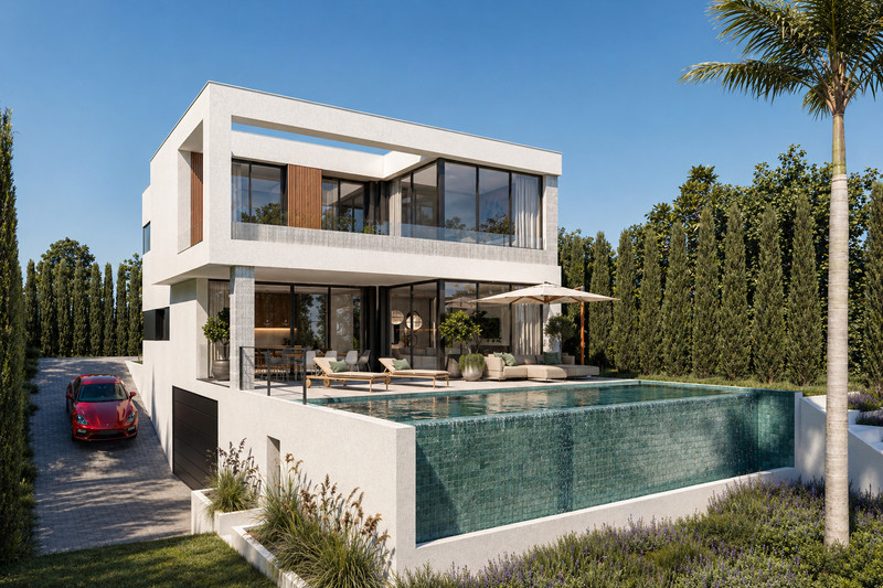 Stupa – Villa Metta – Mijas Golf - moderne hvit toetasjes villa med infinitybasseng, terrasse og rød sportsbil