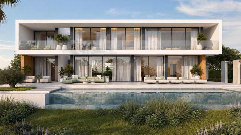 Stupa – Villa Prana – Benahavís - modern white villa exterior with infinity pool, terraces and lush garden landscaping