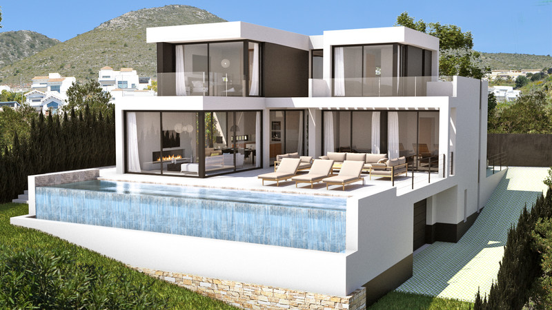 Stupa – Villa Shanti – Mijas Golf - modern white exterior with infinity pool, sun terrace, and mountain backdrop