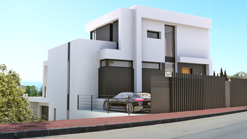 Stupa – Villa Shanti – Mijas Golf - modern white two-storey villa exterior with dark accents, carport and gated entrance