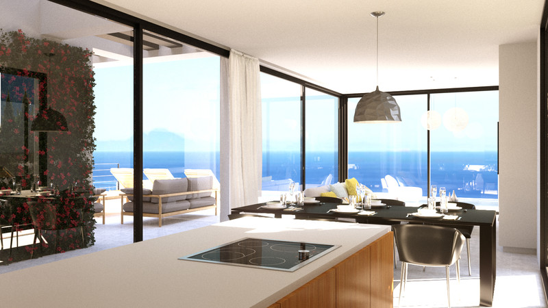 Stupa – Villa Shanti – Mijas Golf - open-plan kitchen and dining area with panoramic sea views and terrace access
