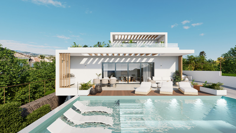 Tailor Made Villa in Casares – Casares Playa - modern white exterior with infinity pool, sun terrace and rooftop pergola
