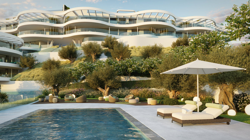 The View Marbella Phase 1 – Marbella - buet hvitt luksusapartmentkompleks med solsenger ved basseng og velstelte hager