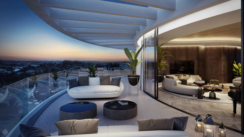 The View Marbella Phase 1 – Marbella - buet terrasse med utemøbler og panoramautsikt over byen ved solnedgang