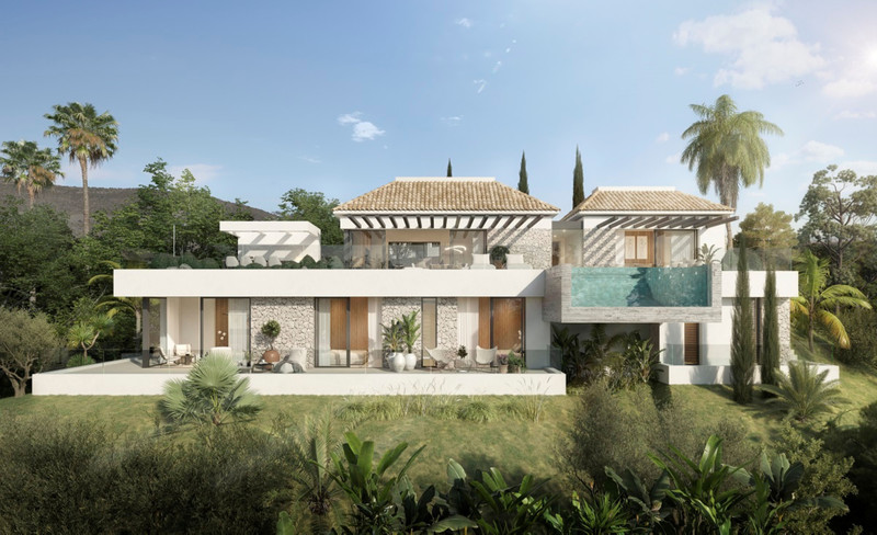 Villa Alhama – Benahavís - modern luxury villa exterior with infinity pool, stone facade, terraces and lush tropical gardens