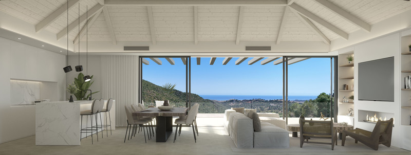 Villa Alhama – Benahavís - open-plan living and dining area with vaulted white ceiling and panoramic sea views