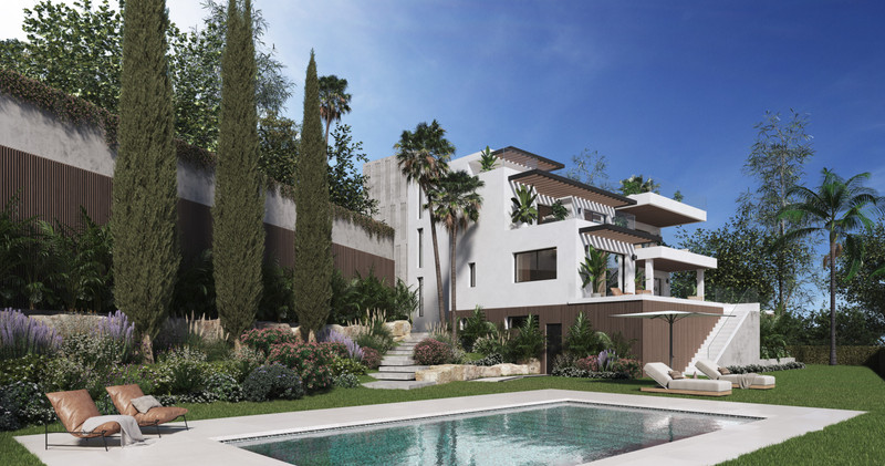 Villa Benalmadena – Benalmadena - moderne hvit villaeksterior med privat basseng, frodig hage og terrasser i flere nivåer