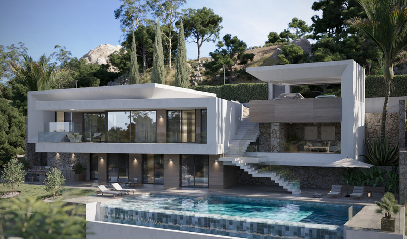 Villa Evania – Benahavís - modern luxury villa exterior with infinity pool, stone accents, and mountain backdrop