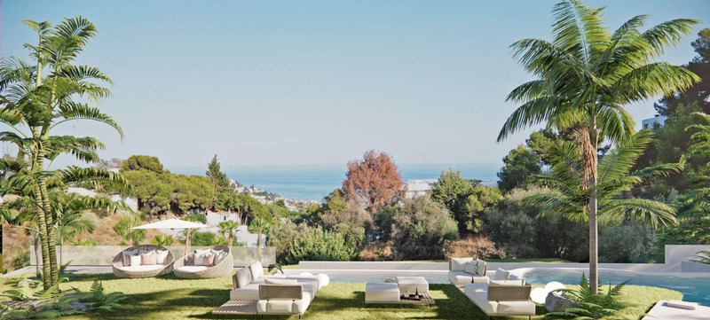 Villa Flores 11 – Rancho Santa Mónica – Benalmadena - landscaped garden with outdoor lounge, pool, palm trees and panoramic sea views