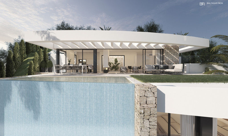 Villa La Ermita – Mijas - modern exterior with infinity pool, white pergola roof and open-plan living area