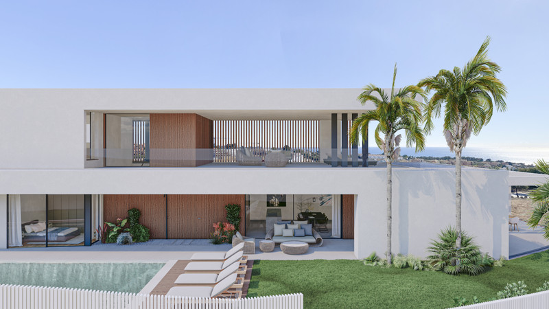 Villa Natalie – Manilva - modern white exterior with rooftop terrace, infinity pool, garden and sea views