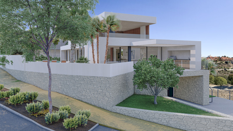 Villa Natalie – Manilva - modern luxury villa exterior with stone retaining walls, landscaped gardens, and palm trees
