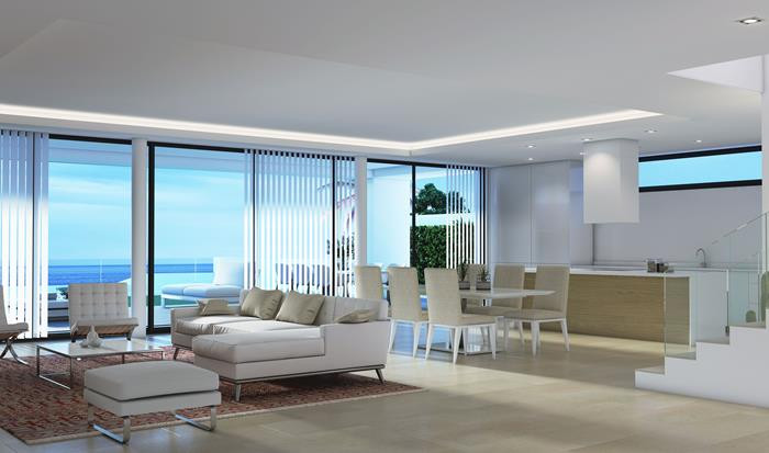 Villas Duquesa Golf & Beach – La Duquesa - åpen stue og spisestue med gulv-til-tak-vinduer og havutsikt