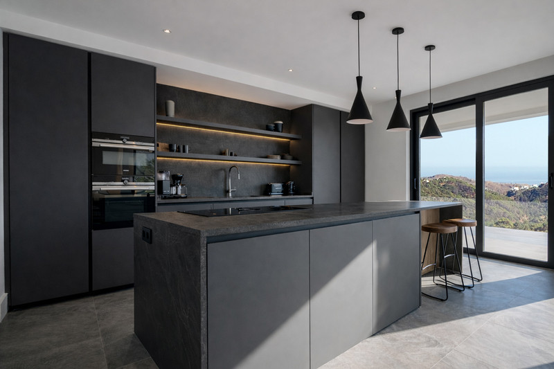 Zoe Luxe – Benahavís - sleek dark kitchen with island, pendant lights and panoramic hillside views